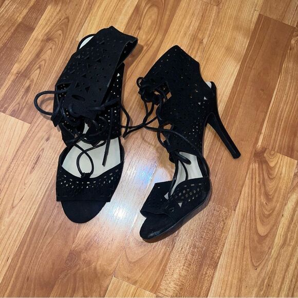 Qupid Black Lace-Up Heels - Picture 2 of 4